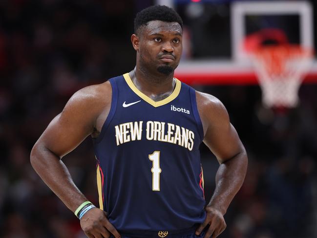 CHICAGO, ILLINOIS - DECEMBER 02: Zion Williamson #1 of the New Orleans Pelicans reacts against the Chicago Bulls during the second half at the United Center on December 02, 2023 in Chicago, Illinois. NOTE TO USER: User expressly acknowledges and agrees that, by downloading and or using this photograph, User is consenting to the terms and conditions of the Getty Images License Agreement.  (Photo by Michael Reaves/Getty Images)