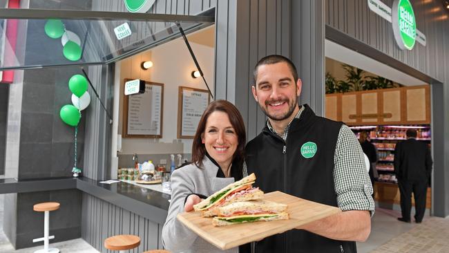 CBRE associate director Julia Pottenger with Hello Sarnie co-founder Andrew Pearce outside the new outlet at 11 Waymouth St. Picture: Tom Huntley.