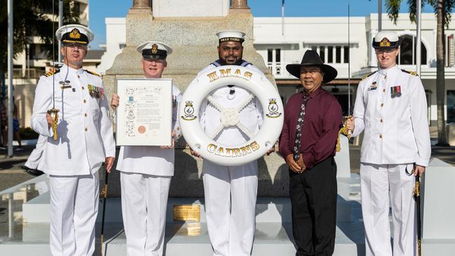 Commanding Officer of HMAS Cairns Commander Alfonso Santos, Chief Petty Officer Frank Ritchie, Able Seaman Boatswains Mate Daniel Jai-Sepon, Uncle Neville Reys, Elder of Gimuy Walubarra Yidinji, and Lieutenant Commander Jessica OBrien on the completion of HMAS Cairns Freedom of Entry March in Cairns, Queensland. Picture: ABIS Susan Mossop