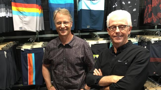 Billabong CEO Neil Fiske and chairman Ian Pollard at the company's Burleigh headquarters after shareholders voted to sell it to Boardriders Inc. Photo: Kathleen Skene