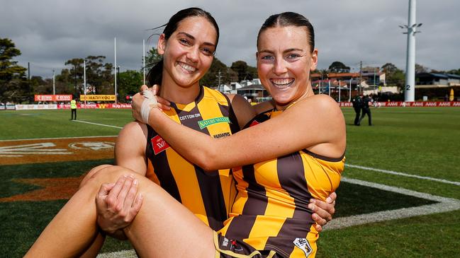 MELBOURNE, AUSTRALIA - OCTOBER 19: Mattea Breed and Aine McDonagh of the Hawks pose for a photo during the 2024 AFLW Round 08 match between the Hawthorn Hawks and the GWS Giants at Kinetic Stadium on October 19, 2024 in Melbourne, Australia. (Photo by Dylan Burns/AFL Photos via Getty Images)