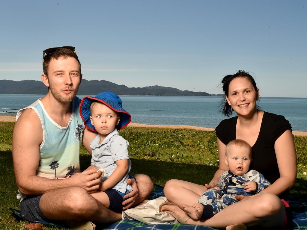 Townsville residents relaxing on the Strand after the relaxation of COVID-19 restrictions. John and Jasmine Kendall with Harrison, 2, and Harvey, 10 months. Picture: Evan Morgan