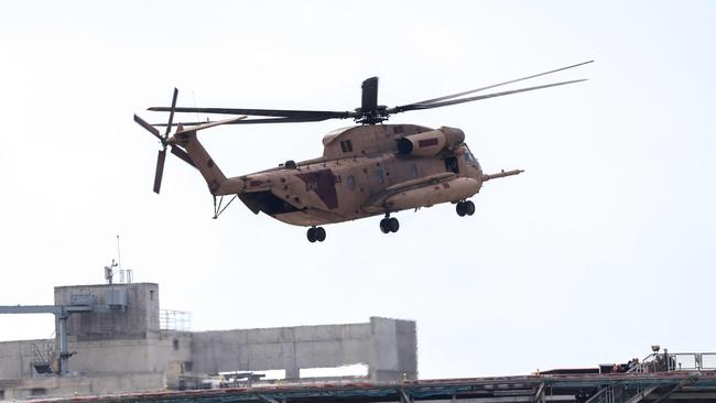 A military helicopter transporting newly released hostage Avera Mengistu lands on the heliport of the Sourasky Medical Centre in Tel Aviv. Picture: AFP