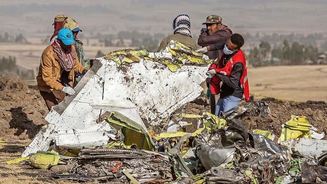 Rescuers at the scene of the Ethiopian Airlines flight crash on March 10. Picture: AP