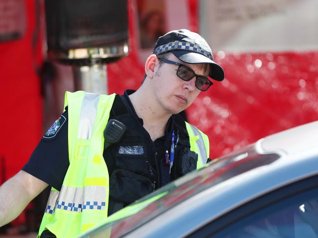 Police at the Queensland border in Griffith Street, Coolangatta.Picture: NIGEL HALLETT