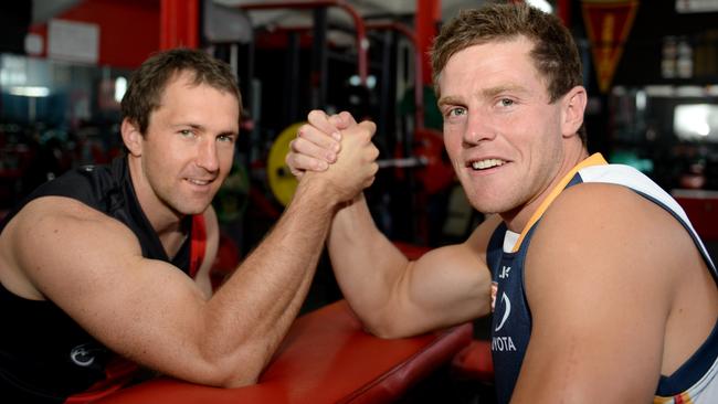 SANFL Football. West Adelaide footballer Jason Porplyzia and new Crows Rookie Jono Beech at Richmond.