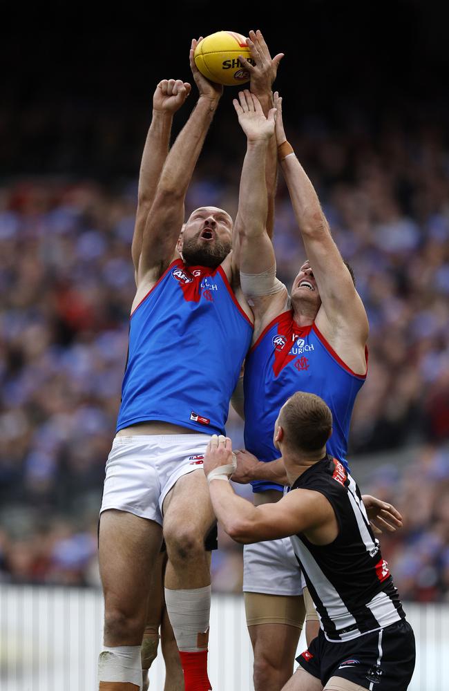. Max Gawn of Melbourne takes mark at the MCG. Picture: Michael Klein