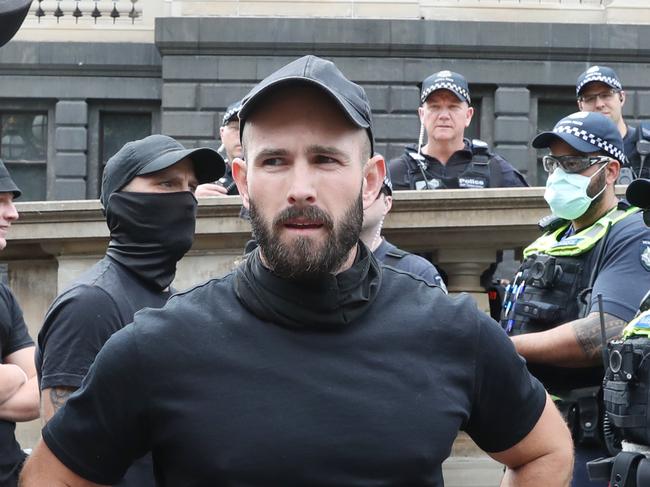 MELBOURNE, AUSTRALIA - NewsWire Photos, MARCH 18, 2023. Protest groups face off in front of the Victorian Parliament where UK far right activist Kellie-Jay Keen (AKA, Posie Parker)  is due to speak.  Neo Nazi Leader Thomas Sewell.Picture: NCA NewsWire / David Crosling