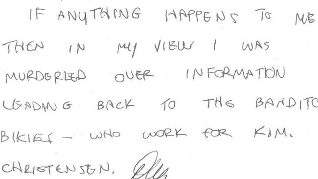 A note that alleged murderer Darren Ashley handed to Alice Springs Police station. Picture: NT Police/NT Supreme Court