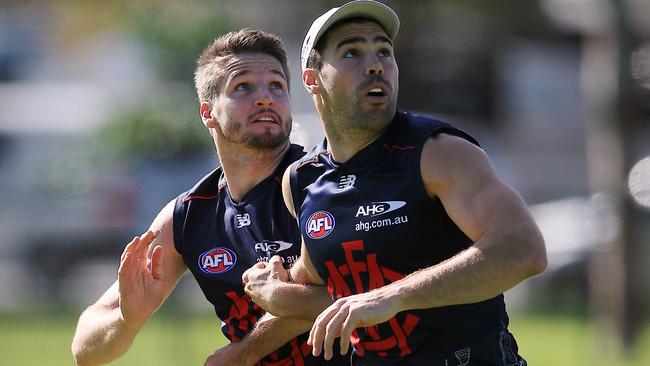 Jesse Hogan and Chris Dawes at Melbourne training. Picture: Wayne Ludbey