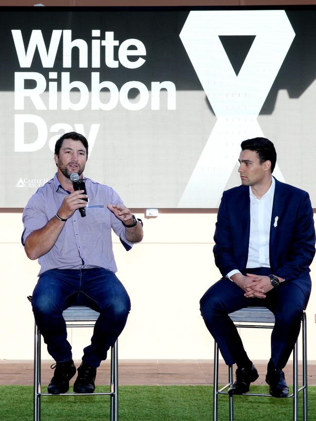 Former Parramatta Eels player Nathan Hindmarsh and Conviction Group co-founder Marco Capobianco at the first White Ribbon breakfast for high school students at the Castle Hill RSL.