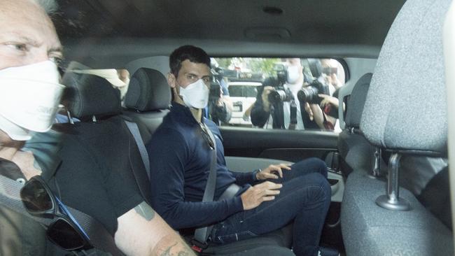 Djokovic leaves the Park Hotel government detention facility in Melbourne in January 2022. Picture: AAP