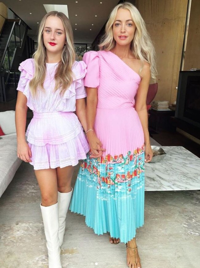 Henderson, wearing Rebecca Vallance, and her equally well-dressed daughter Kitty heading off to Taylor Swift.