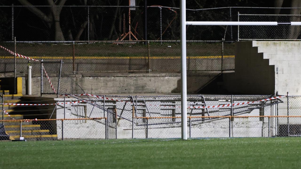 The railing of a viewing area collapsed at Leichhardt Oval. Picture: Damian Shaw