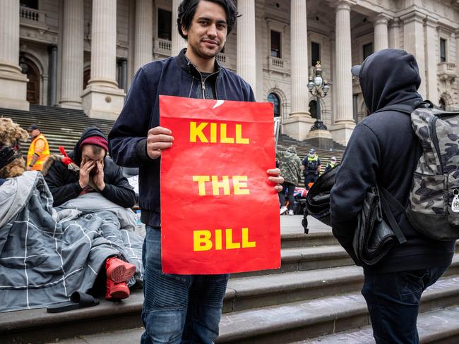 Protesters opposing the pandemic Bill camp at state parliament. Picture: Jake Nowakowski