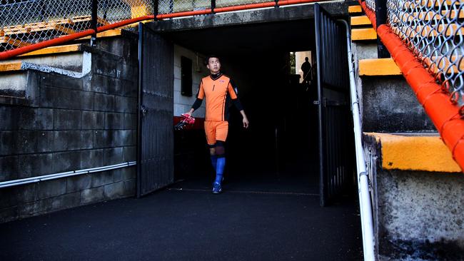 North Korea keeper Ri Myong-Guk gets his first look at Leichhardt Oval.