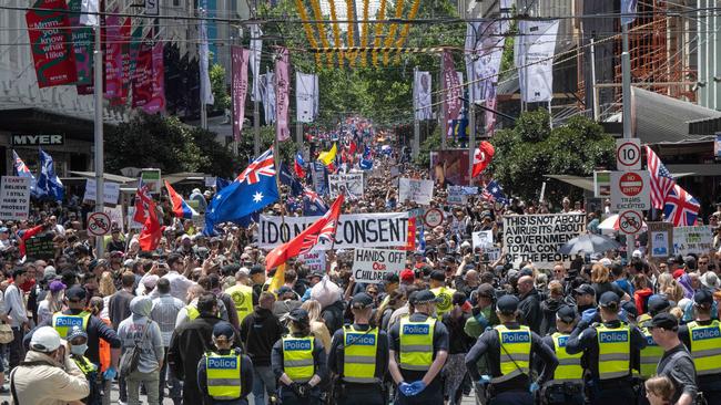 Freedom Rally outside Victoria Parliament House. Picture: Tony Gough