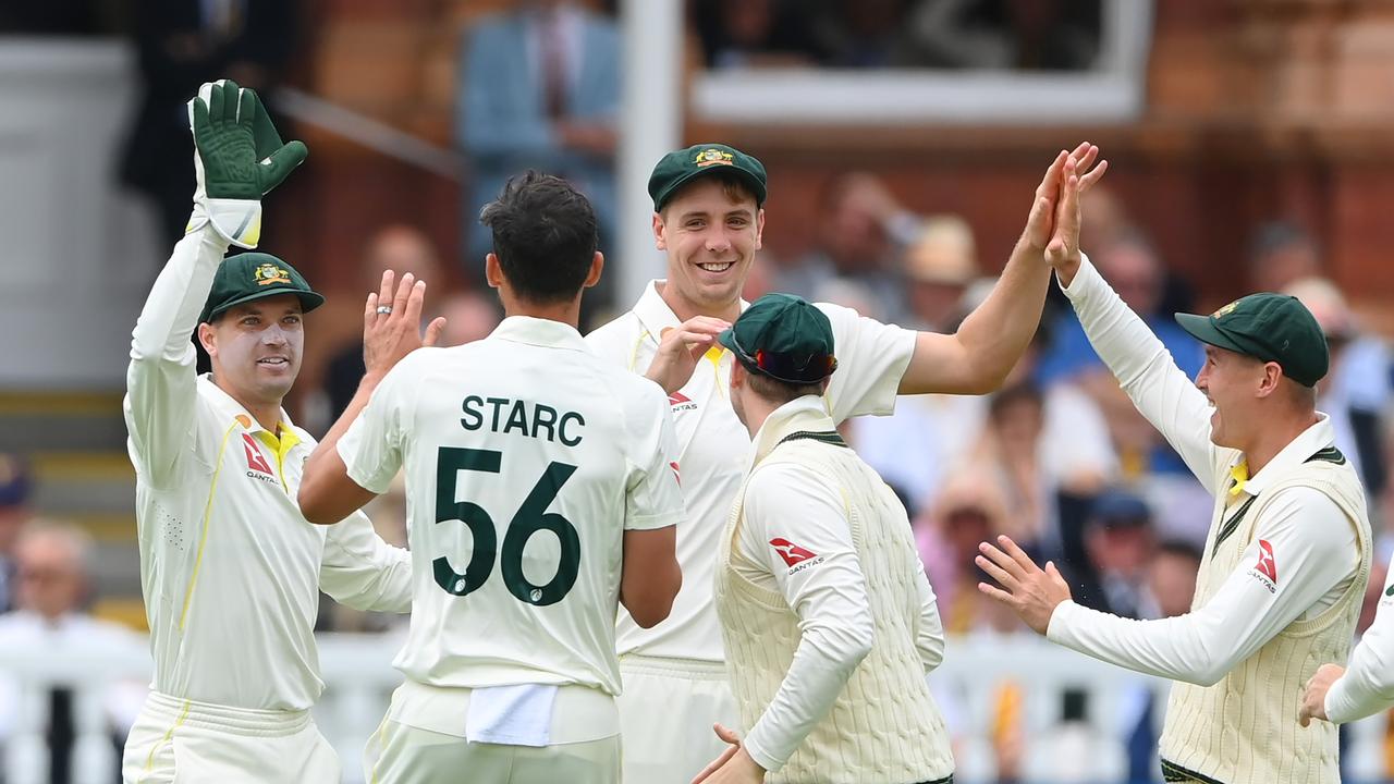 Cameron Green (C) held on to a sharp chance to send Ben Stokes packing. Picture: Getty