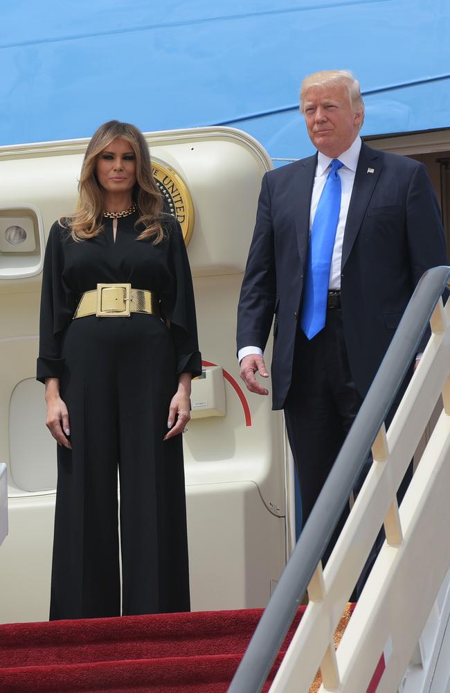 US President Donald Trump and First Lady Melania Trump step off Air Force One upon arrival at King Khalid International Airport in Riyadh on May 20, 2017. Picture: Mandel Ngan