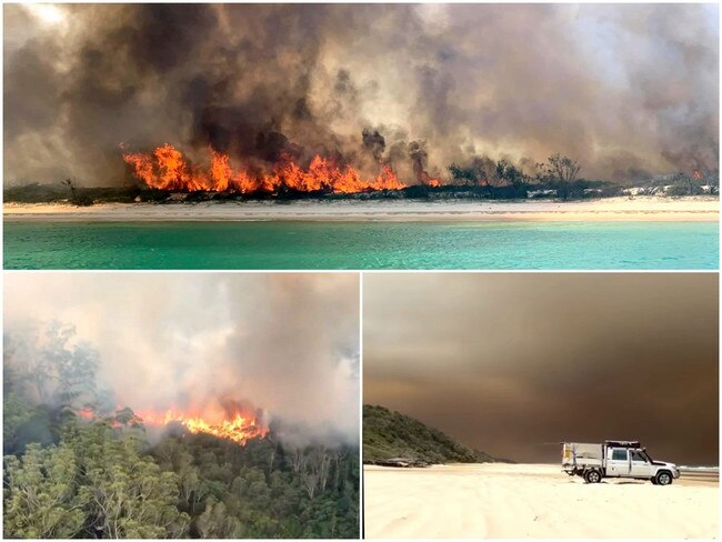 A bushfire on Fraser Island continues to burn.