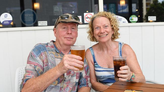 Grant Stanbury and Bonnie McGill enjoy a drink at the Hotel Darwin hoping that the pubs dont get shut down . Picture Katrina Bridgeford.