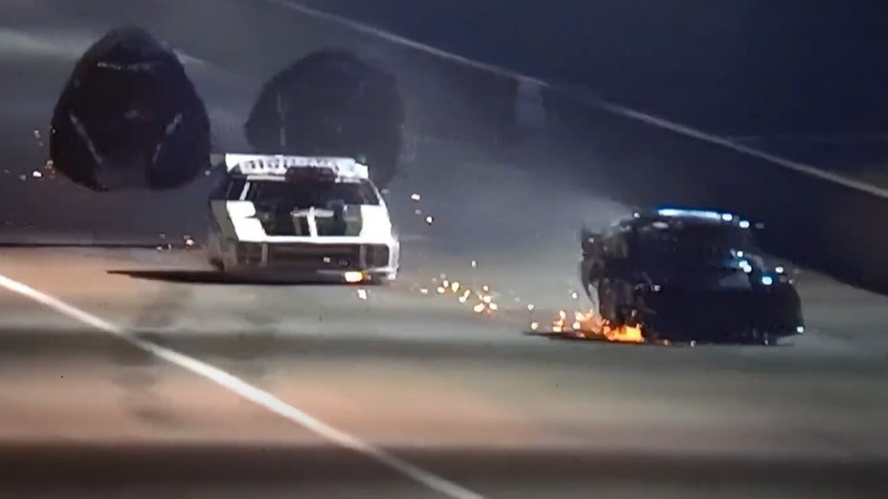 Dragracer Kelvin Lyle has been taken to Royal Darwin Hospital with serious injuries after his vehicle clipped a wall and failed to deploy its safety parachute, resulting in a nasty high speed crash. Picture: Kayo / Fox Sports