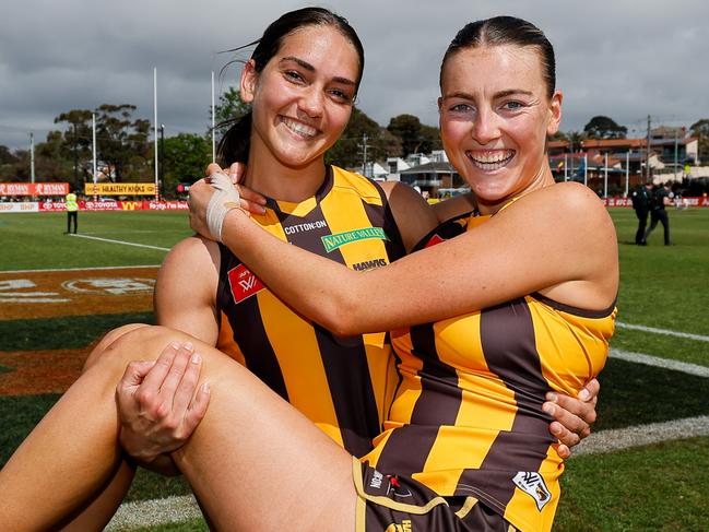 MELBOURNE, AUSTRALIA - OCTOBER 19: Mattea Breed and Aine McDonagh of the Hawks pose for a photo during the 2024 AFLW Round 08 match between the Hawthorn Hawks and the GWS Giants at Kinetic Stadium on October 19, 2024 in Melbourne, Australia. (Photo by Dylan Burns/AFL Photos via Getty Images)