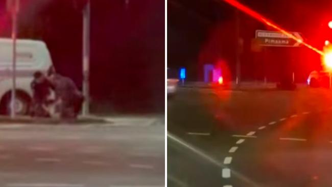 A video has shown the moment police tackled a man at the intersection of Old Coach Rd and Days Rd in Upper Coomera around 10pm on Thursday. Photo: Facebook/Leanne Porter