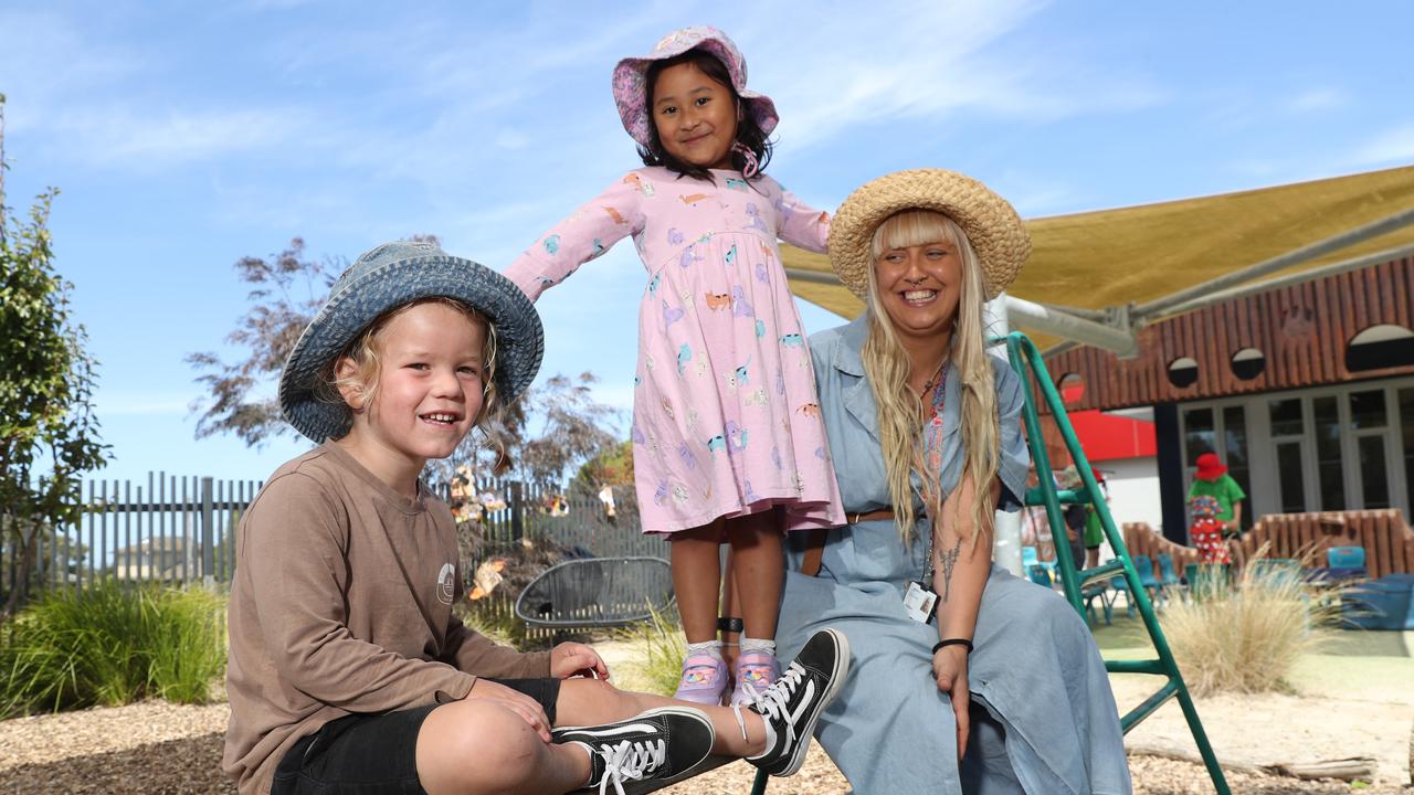 Early childhood teacher Kira Ryan with Freddy Barrett and Sianna Shrestha at Grovedale Kindergarten. Picture: Alan Barber.