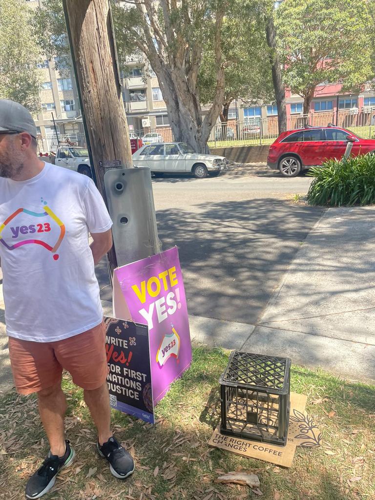 A strong Yes presence and a zero No presence at a voting centre in Redfern. Picture: Mary Madigan/news.com.au