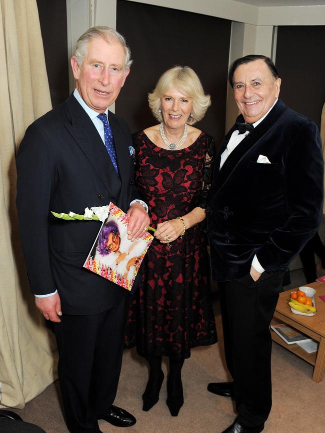 King Charles and Camilla visit Barry Humphries backstage. Picture: Getty