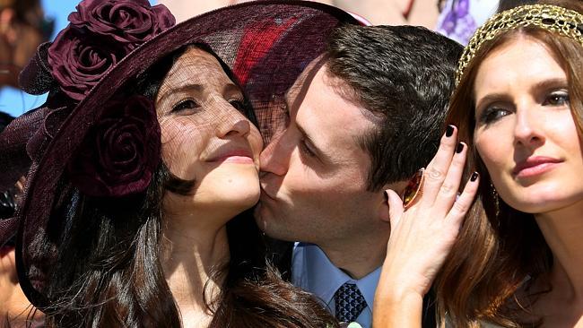 Tom Waterhouse with wife Hoda Vakili and sister Kate after his mum won the Cup. Picture: Colleen Petch