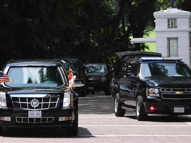 The motorcade transporting US President Donald Trump leaves The Istana, the official residence of the Singaporean Prime Minister. Picture: AFP/Adek Berry