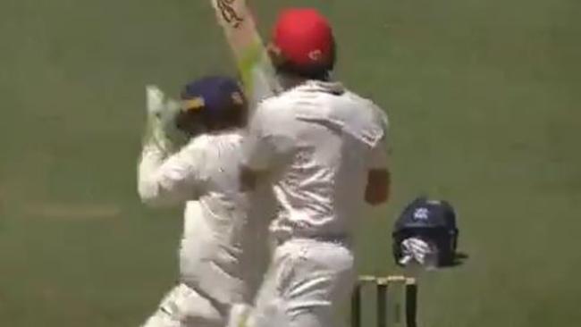 Victoria wicketkeeper Sam Harper has been taken to hospital for scans after being struck on the head by the tip of Jake Lehmann’s bat during the Bushrangers' Sheffield Shield clash with South Australia at Adelaide Oval.