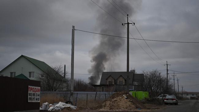 Smoke rising near the town of Hostomel and the Antonov Airport, in northwest Kyiv, where Russian and Ukrainian forces battled for control of an air base. Picture: AFP