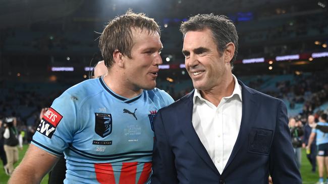 Jake Trbojevic and Brad Fittler after their win in the final game of the series. Picture: NRL Photos