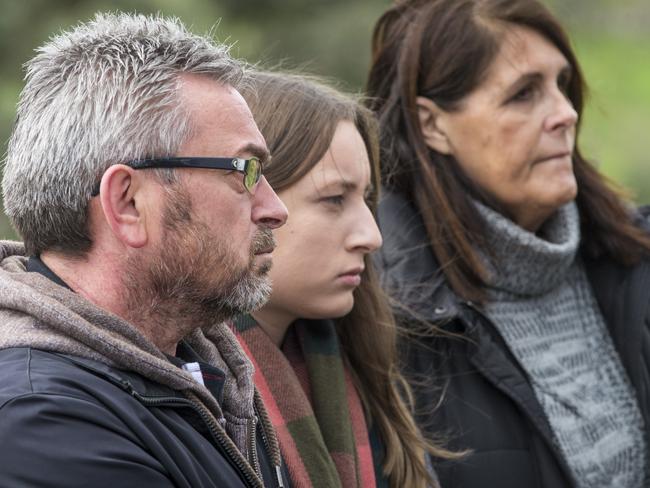 Borce Ristevski and daughter Sarah with Karen's aunty, Patricia, at a police appeal for information. Picture: Eugene Hyland