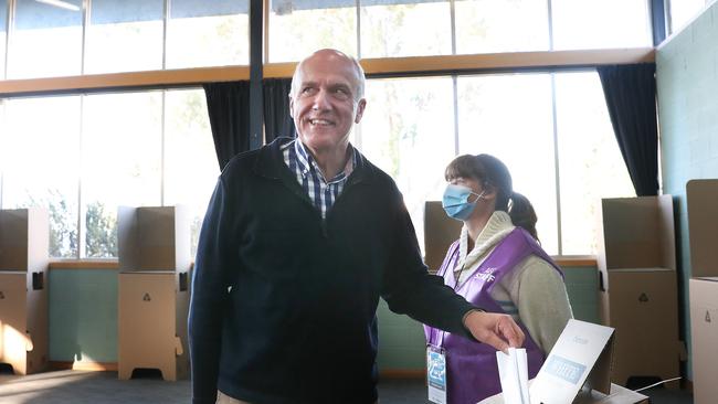 Liberal Senator Eric Abetz votes at his old school Blackmans Bay Primary School. Picture: Nikki Davis-Jones