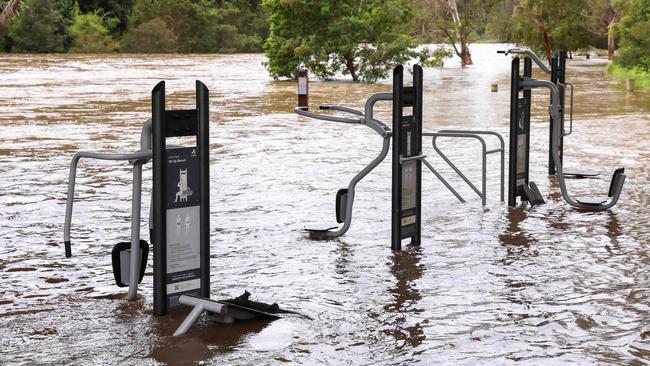 Exercise equipment was under water in Warrandyte as the Yarra River breached its banks. Picture: Ian Currie