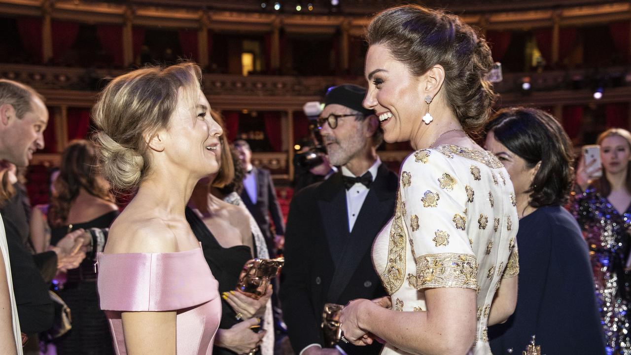 BAFTA best actress winner Renee Zellweger (left) chats with and Catherine, Duchess of Cambridge. Picture: Getty Images