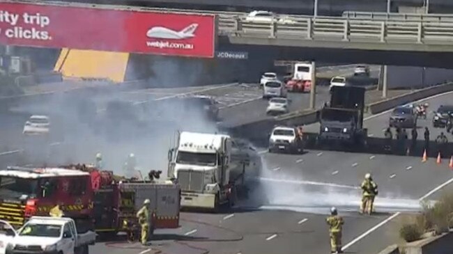 All outbound lanes ofÂ West Gate Fwy are blocked near the Bolte Bridge after a truck went up in flames about 3.45pm on Friday.