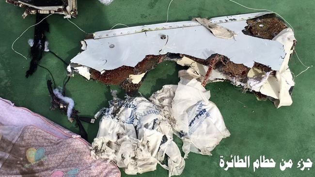 Photos emerged over the weekend showing wreckage from the crashed plane. Arabic reads: ‘Part of plane wreckage.’ Picture: Egyptian Armed Forces Facebook via AP