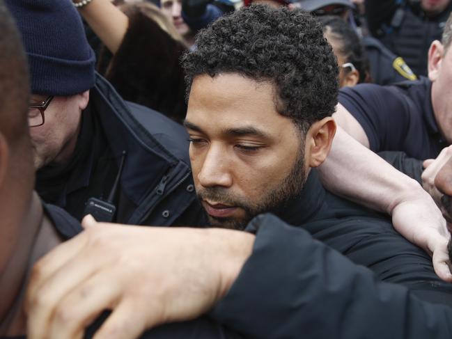 FILE - In this Feb. 21, 2019 file photo, Jussie Smollett leaves George N Leighton Criminal Courthouse in Chicago. A lawyer for Smollett is asking a judge to allow the "Empire" actor to travel while he is free on bond on charges he falsely reported being attacked by two masked men. (AP Photo/Kamil Krzaczynski, File)