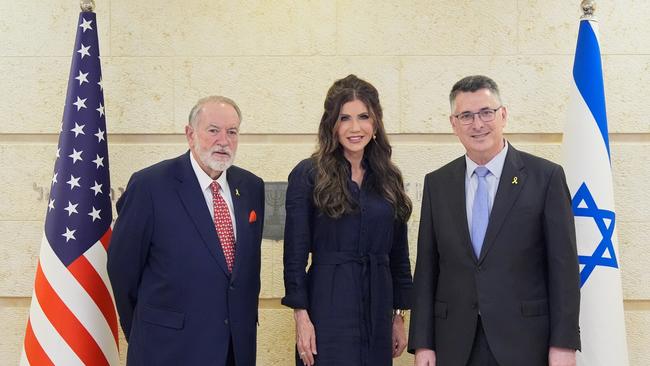 US ambassador to Israel Mike Huckabee (left), Homeland Security Secretary Kristi Noem and Israeli Foreign Minister Gideon Sa’ar in Jerusalem, Israel. Picture: Alex Brandon/Getty Images