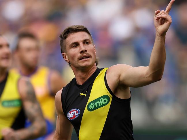 PERTH, AUSTRALIA - APRIL 14: Liam Baker of the Tigers celebrates after scoring a goal during the 2024 AFL Round 05 match between the West Coast Eagles and the Richmond Tigers at Optus Stadium on April 14, 2024 in Perth, Australia. (Photo by Will Russell/AFL Photos via Getty Images)