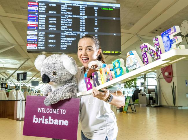 Rachel Bronish at Brisbane International Airport ready for the opening of borders. Picture: Richard Walker