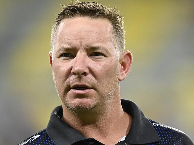 TOWNSVILLE, AUSTRALIA - APRIL 22: Newcastle coach Adam O'Brien looks on before the start of the round eight NRL match between North Queensland Cowboys and Newcastle Knights at Qld Country Bank Stadium on April 22, 2023 in Townsville, Australia. (Photo by Ian Hitchcock/Getty Images)