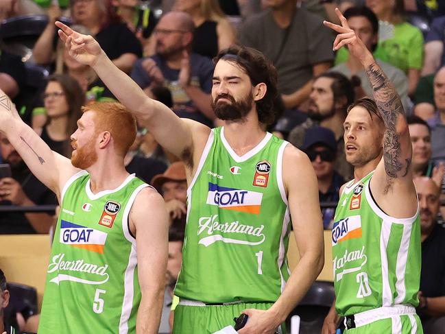 Phoenix players show support during thematch against New Zealand Breakers at State Basketball Centre. Picture: Getty Images.