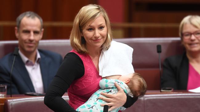 Greens Senator Larissa Waters made headlines around the world when she breastfed her baby at work. (Pic: Lukas Coch.)