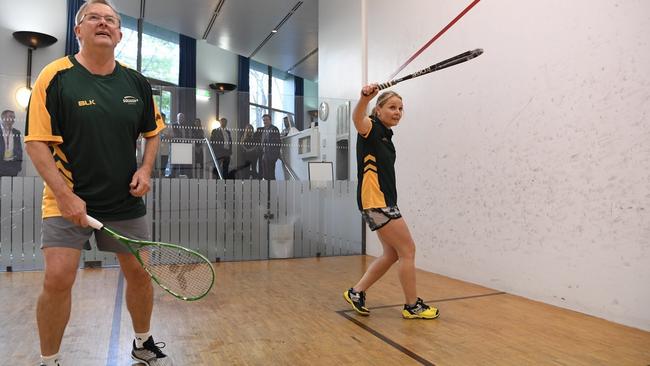 ‘I’m good at tennis’: Anthony Albanese gets thrashed by Peta Murphy on the Parliament House squash court.